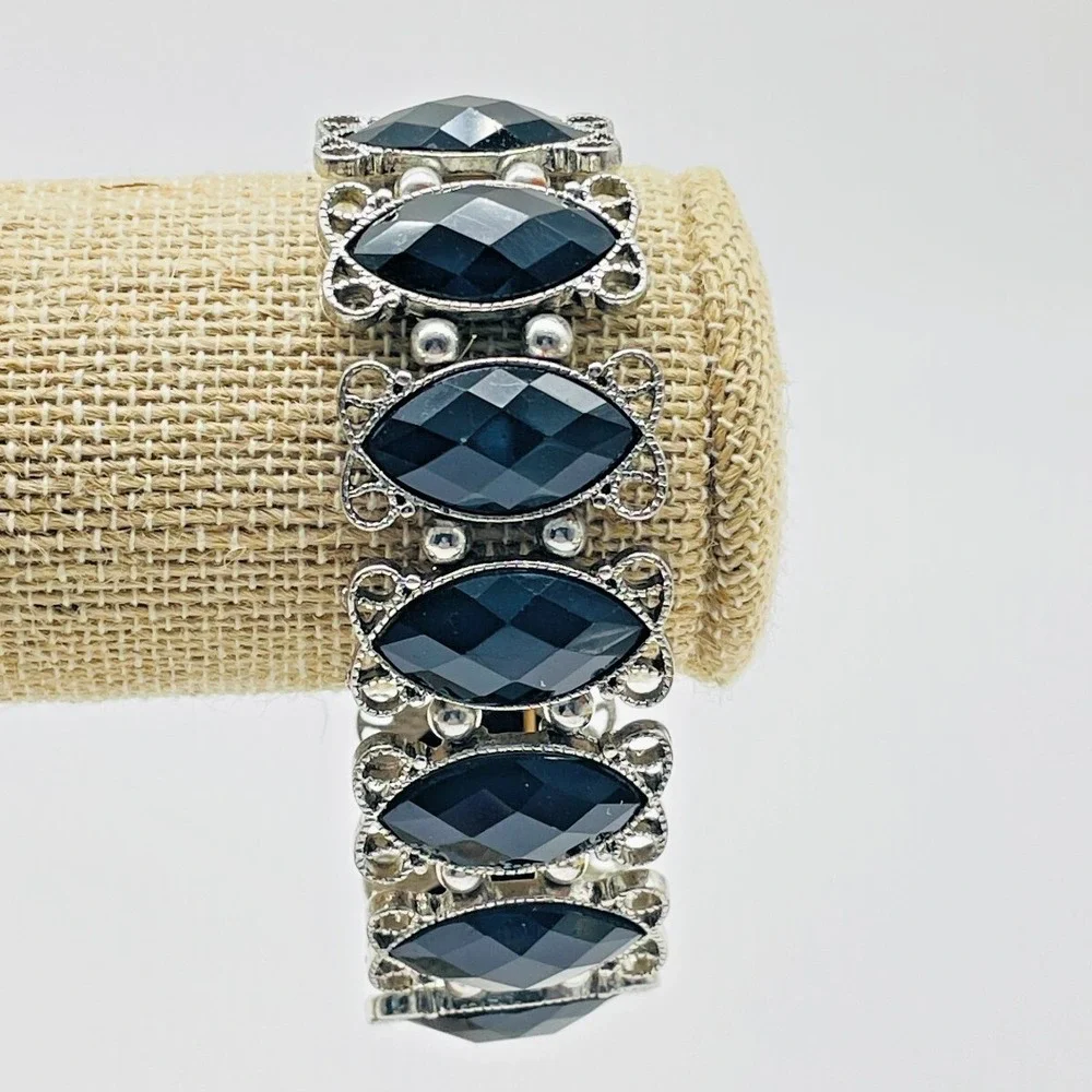 Black Beaded Stretch Bracelet Silver Tone Statement Fashion Costume Jewelry